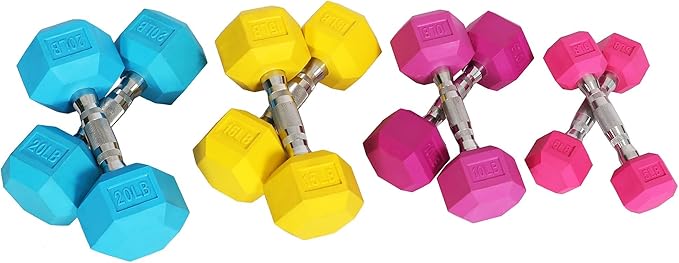 Signature Fitness Colored Rubber Encased Hex Dumbbell 5, 10, 10, 15, 15, 20LB 20LB Pairs