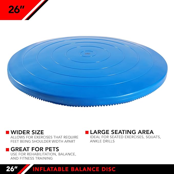 JFIT Inflatable Balance Disc - 13" or 26" Large Wobble Cushion Trainer - Durable Exercise Balance Pad for Coordination, Stability, and Core - Home, Gym, and Pet Training