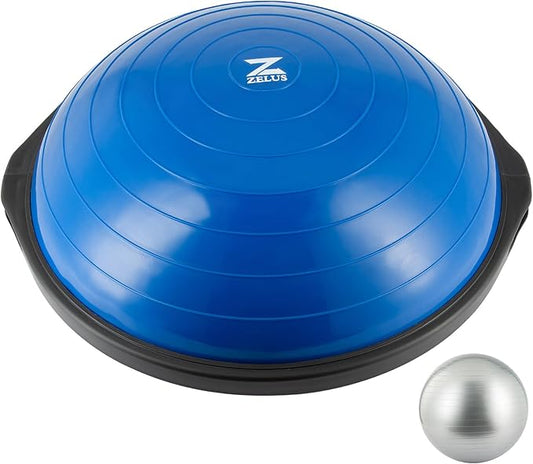 ZELUS 25in. Balance Ball | 1500lb Inflatable Half Exercise Ball Wobble Board Balance Trainer w Nonslip Base | Half Yoga Ball Strength Training Equipment w 2 Bands, Pump, Extra Ball Included