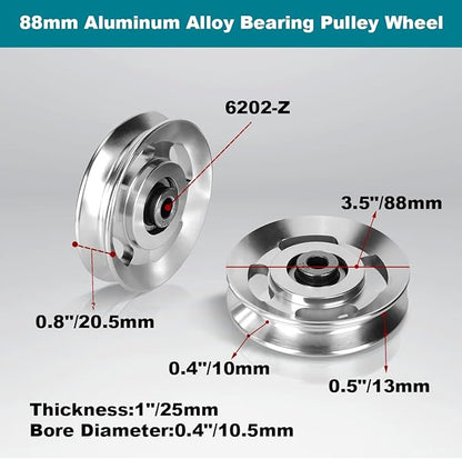 2ps Aluminum Pulley Wheel, Fitness Cable Pulley Wheel 88mm /3.5 inch Universal Aluminium Alloy Bearing Pulley Wheel Pulley Replacement Wheel for Cable Machine Home Gym Attachments Part