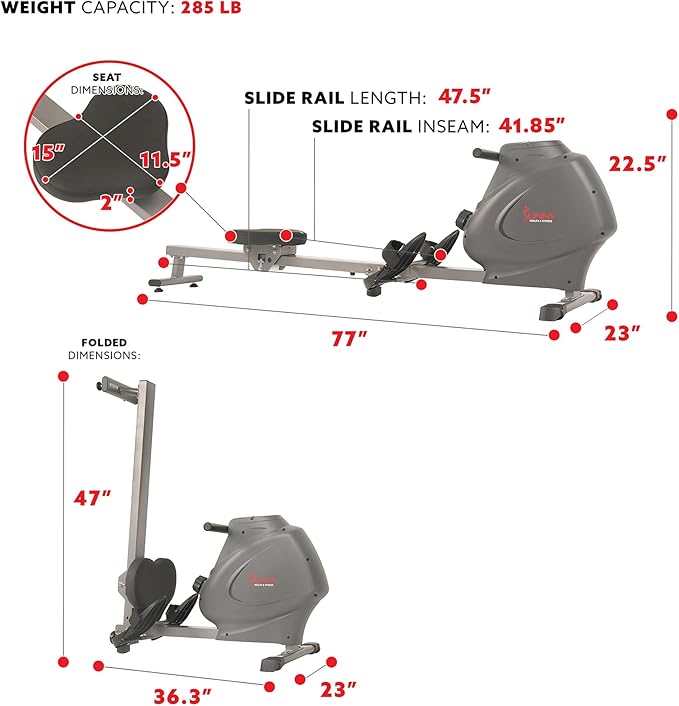 Sunny Health & Fitness Compact Folding Magnetic Rowing Machine with 43 Inch Slide Rail, 285 LB Max Weight, Synergy Power Motion, LCD Digital Monitor, Super Quiet & Smooth, and Ergonomic Foot Pedals