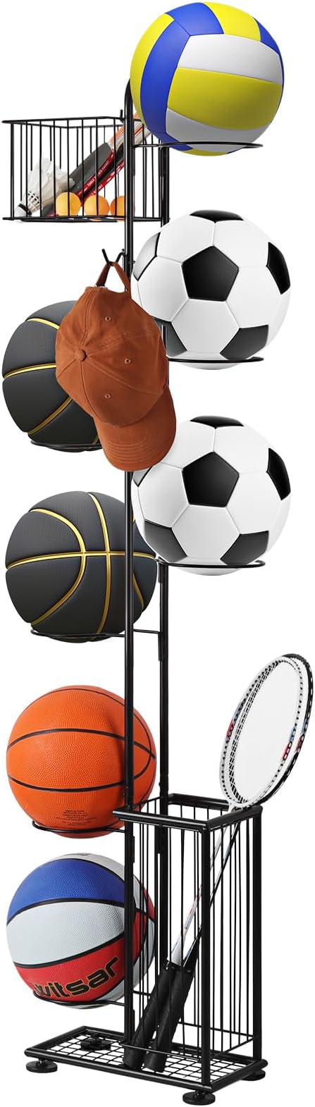 Basketball Ball Storage Rack 7 Tier Standing Basketball Holder Vertical Garage Ball Storage Ball Sports Equipment Storage Organizer with Baskets and Hooks for Volleyball Football Badminton, Black