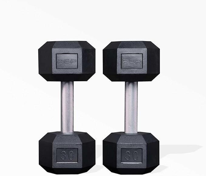 Rep Fitness Rubber Hex Dumbbell(s) - Singles (55LB +) and Pairs (5LB - 50LB) - Low Odor, Fully Knurled Handle