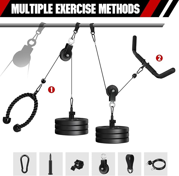 Fitness LAT and Lift Pulley System Gym - Upgraded LAT Pull Down Cable Machine Attachments, Loading Pin, Handle and Tricep Rope, for Biceps Curl, Forearm, Triceps Exercise Gym Equipment