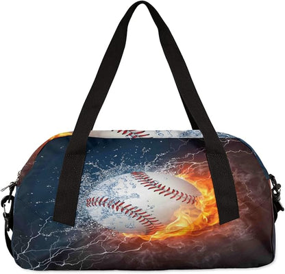 Sport Baseball In Fire Water Gym Bag for Women Men, Small Travel Duffel Bag for Sports Getaway Overnight Bag Lightweight Weekender Bags Workout Bag Dance Bag for Boys Girls Kids Teens