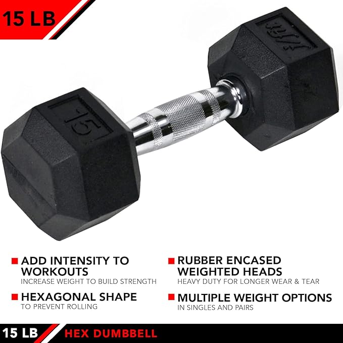 JFIT Rubber Hex Dumbbell - 15 Size, Single and Pair Options, 4-50lbs - Shaped Heads Prevent Rolling and Injury - Ergonomic Hand Weights for Exercise, Therapy, Muscle, Strength and Weight Training