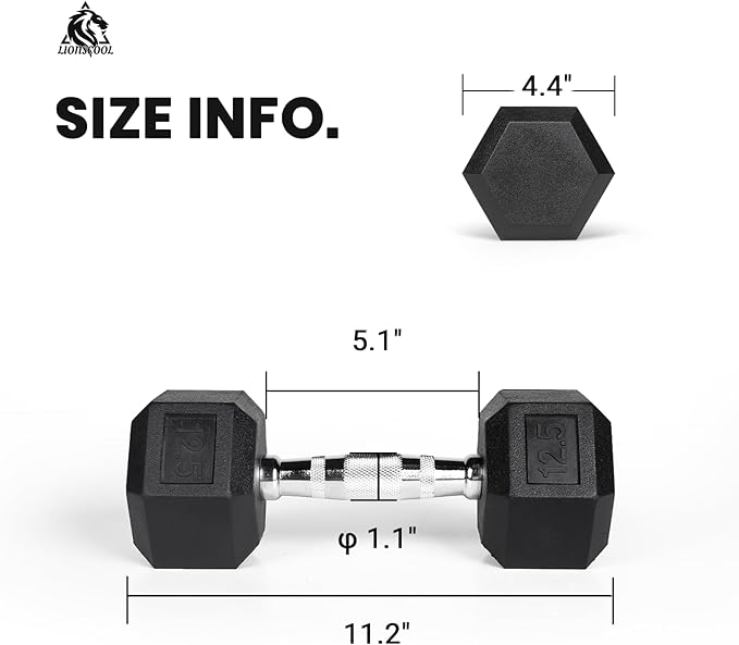 LIONSCOOL Rubber Encased Hex Dumbbells in Pairs or Single 5-65lbs