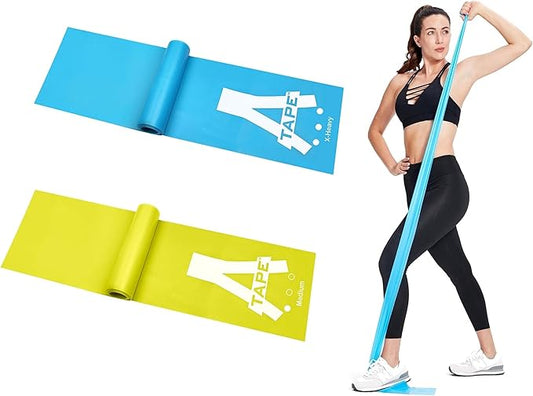 A-Tape Professional TPE Resistance Thera Band | 51 * 6 inch | for Warm-Up, Stretching, Cardio, Home Fitness, Exercise & Yoga (Blue- X-Heavy (30lbs) + Yellow – Medium (15lbs))