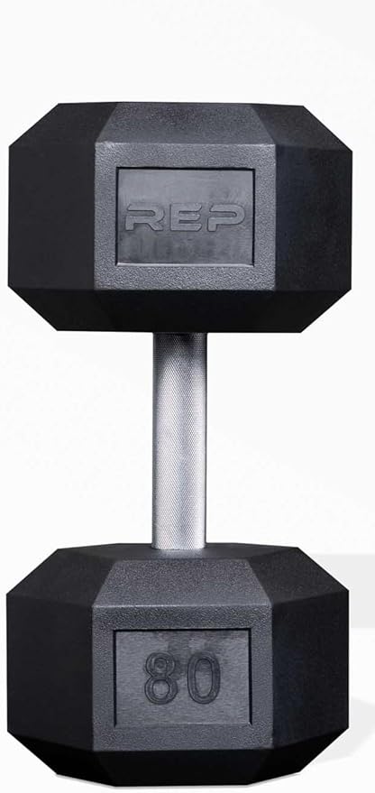 Rep Fitness Rubber Hex Dumbbell(s) - Singles (55LB +) and Pairs (5LB - 50LB) - Low Odor, Fully Knurled Handle