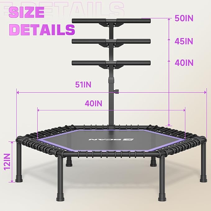 BCAN 48"/51" Mini Trampoline, 450/550 LBS Fitness Trampoline with T-Adjustable Handle Bar, Bungees, Stable & Quiet Exercise Rebounder for Adults Indoor/Garden Workout-Green