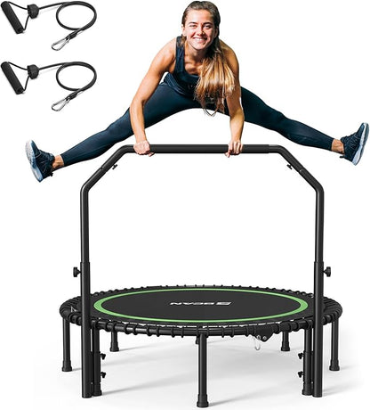 BCAN 40"/48" Foldable Mini Trampoline with Resistance Band, 450 LBS Fitness Trampoline with Bungees, U Shape Adjustable Foam Handle, Stable & Quiet Exercise Rebounder for Adults Indoor/Garden