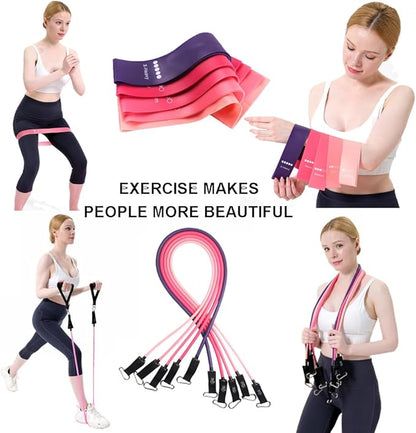 Zugoulook 18Pcs Resistance Bands Set for Women, 5 Stackable Exercise with Handles, Loop Bands, Jump Rope, Figure 8 Band, Ideal Home, Gym Fitness, Yoga, Full Body Workout