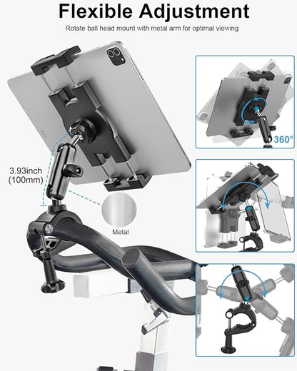 woleyi Tablet Holder for Treadmill/Peloton/Spin Bike/Exercise Bike/Pole Stroller/Stationary Indoor Bicycle/Elliptical/Gym Equipment, Compatible with 4.7-12.9" iPad Pro/Air/Mini/Galaxy/Fire HD/E-Book