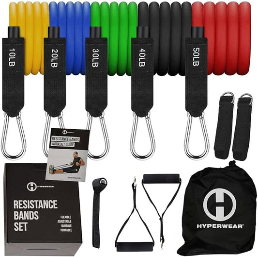 Hyperwear Professional Resistance Bands with Handles, Set of 5 Color Bands for Working Out Plus Door Anchor, Ankle Straps, Bag, Workouts, Up to 150lbs of Workout Bands Resistance