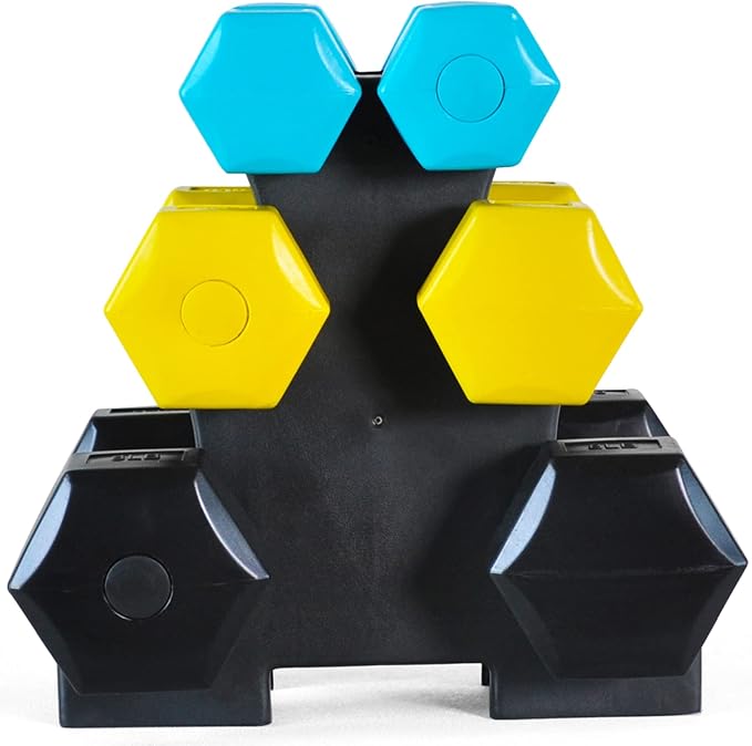 Signature Fitness Colored Vinyl Coated Dumbbell Set with Stand 32-Pound Set 3LB, 5LB, 5LB, 8LB 8LB (3 (3 Pairs)