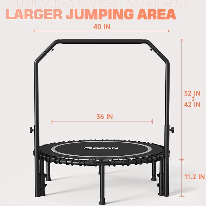 BCAN 450/550 LBS Foldable Mini Trampoline, 40"/48"/50" Fitness Trampoline with Bungees, U/T Shape Adjustable Foam Handle, Stable & Quiet Exercise Rebounder for Kids Adults Indoor/Garden Workout