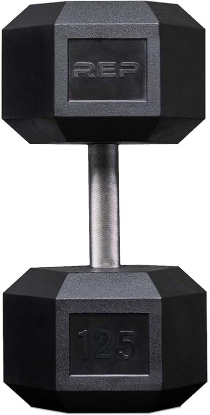 Rep Fitness Rubber Hex Dumbbell(s) - Singles (55LB +) and Pairs (5LB - 50LB) - Low Odor, Fully Knurled Handle