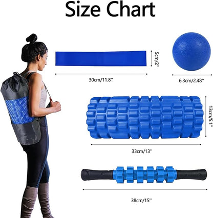 5 in 1 Foam Roller Set for Deep Tissue Muscle Massage, Trigger Point Fitness Exercise Foam Roller, Massage Roller, Massage Ball, Stretching Strap, for Whole Body (Blue)