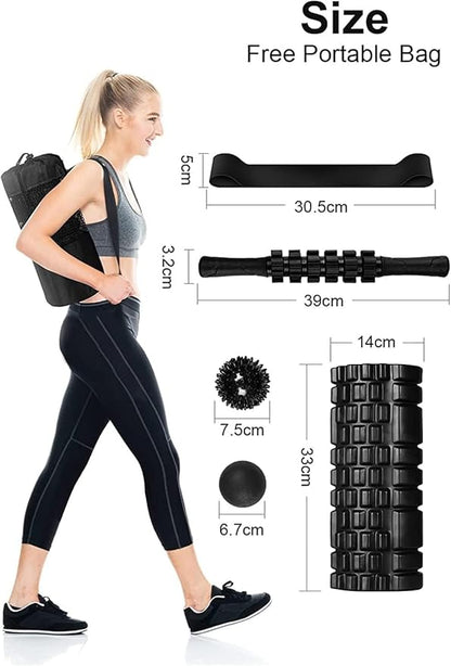 6 in1 Foam Roller Set, Trigger Point Foam Roller, Yoga Stick, Massage Ball, Fixation Ball, Fitness Stretching Strap, Carrying Bag, Towel for Deep Muscle Massage Pilates Yoga