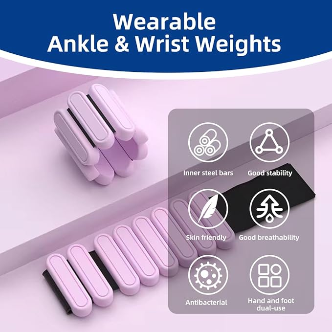 GLEAP Wearable Ankle & Wrist Weights for Women - 2LB Silicone Pilates Bracelet Weights Set of 2(1LB Each), Adjustable Arm & Leg Weights for Pilates, Yoga, Walking, Gym, Dance