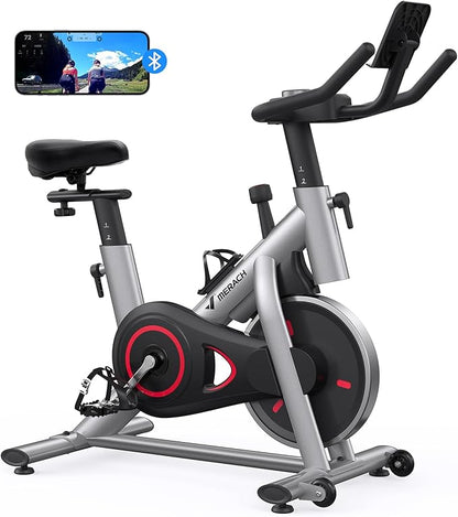 MERACH Exercise Bike, Brake Pad/Magnetic Stationary Bike with Exclusive App, Low Noise Indoor Cycling Bike with 270lbs Weight Capacity, Dumbbell Rack and Free Fitness Courses