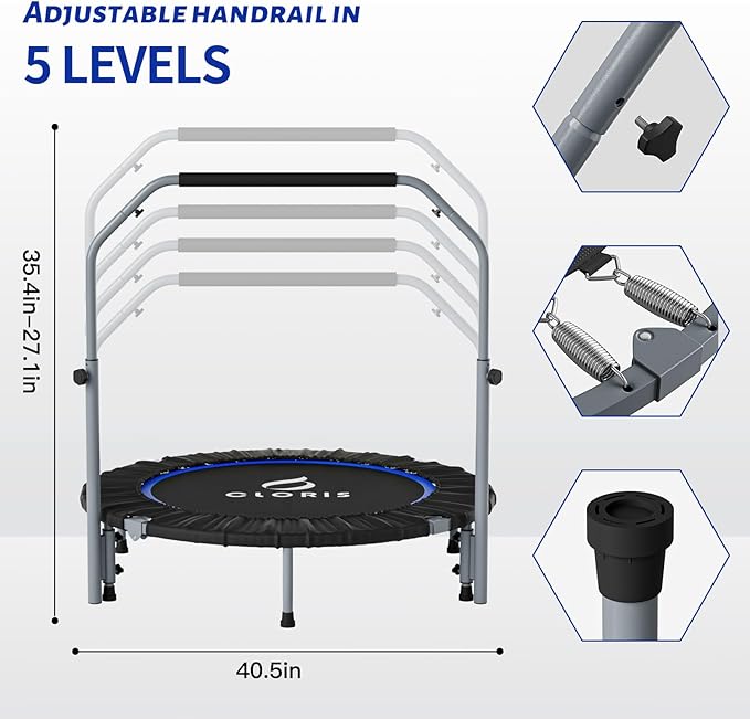 CLORIS 40in Folding Trampoline Mini Rebounder Fitness Trampoline with Adjustable Foam Handle for Kids/Adult, with safty Padded Cover Best Gift for Kids/Adult