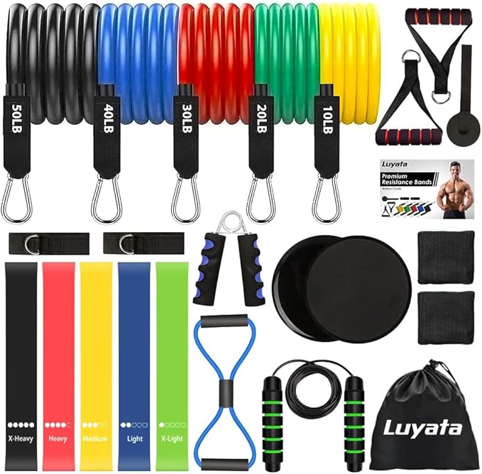 Resistance Bands Set Workout Bands with 5 Stackable Exercise Bands, 5 Resistance Loop Bands, 2 Core Sliders, Door Anchor, Ankle Straps, Jump Rope,Hand Grip Strengthener