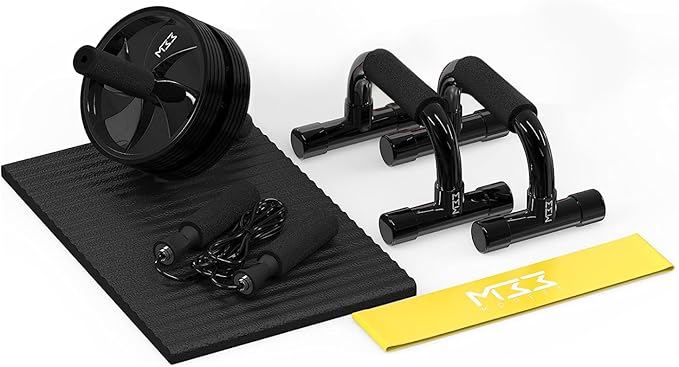 Gym Kit Equipment - Abs Roller Wheel Workout Set with Knee Pad, Push Up Handles Bars, Skipping Rope and Resistance Band - Good for Home Work Out and Gym Fitness Abdominal Training or Weight Loss