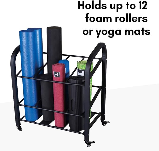 Body-Solid (GYR500 Foam Roller & Yoga Mat Storage Rack with Wheels - Holds 12 Mats or Foam Rollers, Lockable Casters, Durable Steel Frame