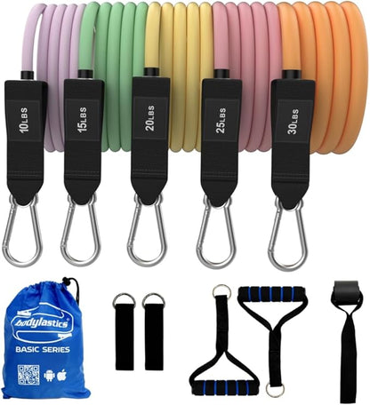 Bodylastics Resistance Band Set - Resistance Bands with Handles, Ankle Straps, Door Anchor, Carry Bag - Heavy-Duty Stretch Exercise Bands -Patented Clips and Snap Reduction Tech -Fitness Workout Bands