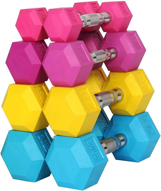 Signature Fitness Colored Rubber Encased Hex Dumbbell 5, 10, 10, 15, 15, 20LB 20LB Pairs