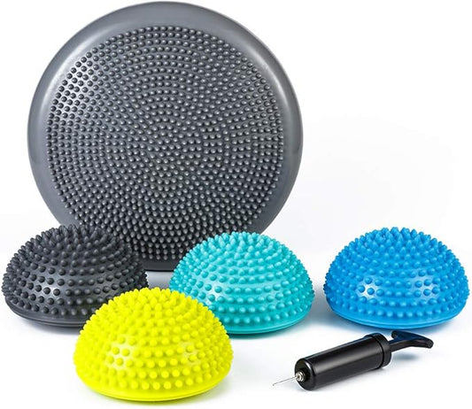 StrongTek Hedgehog Balance Pods with Hand Pump, Stability Balance Trainer Dots Plus Large Balance Pad, Core Body Balancing, Inflatable Stepping Pads, Sensory Wiggle Seats for Kids (Set of 5)