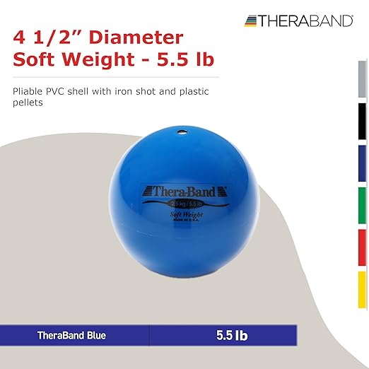 THERABAND Soft Weight, 4.5" Diameter, Weighted Balls for Baseball, Weighted Balls for Softball, Hand Held Ball Shaped Isotonic, Shoulder Strength, Rotator Cuff & Throwing Trainer, Blue, 5.5LB