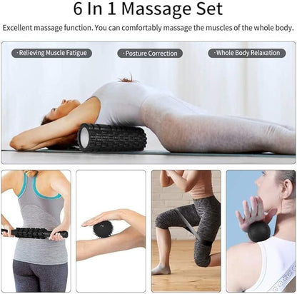 6 in1 Foam Roller Set, Trigger Point Foam Roller, Yoga Stick, Massage Ball, Fixation Ball, Fitness Stretching Strap, Carrying Bag, Towel for Deep Muscle Massage Pilates Yoga