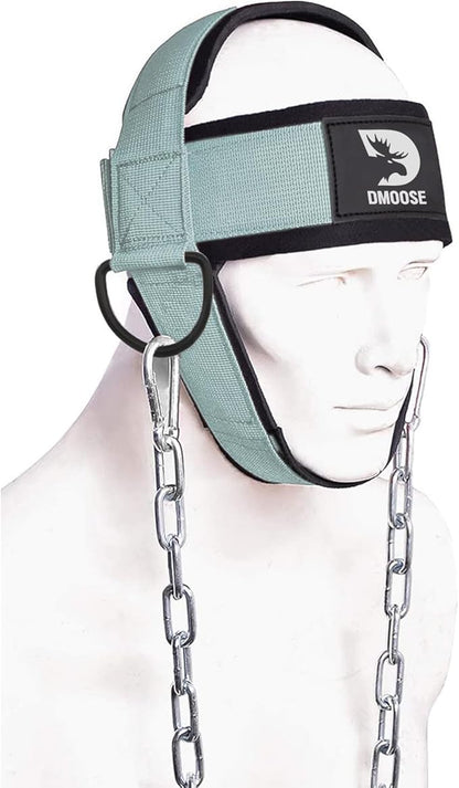 DMoose Fitness Neck Harness, Increases Neck Core Strength & Supports Injury Recovery - Neck Exerciser 30" Heavy Duty Steel Chain, Adjustable Head and Chin Neoprene Strap, Neck Trainer for Home and Gym