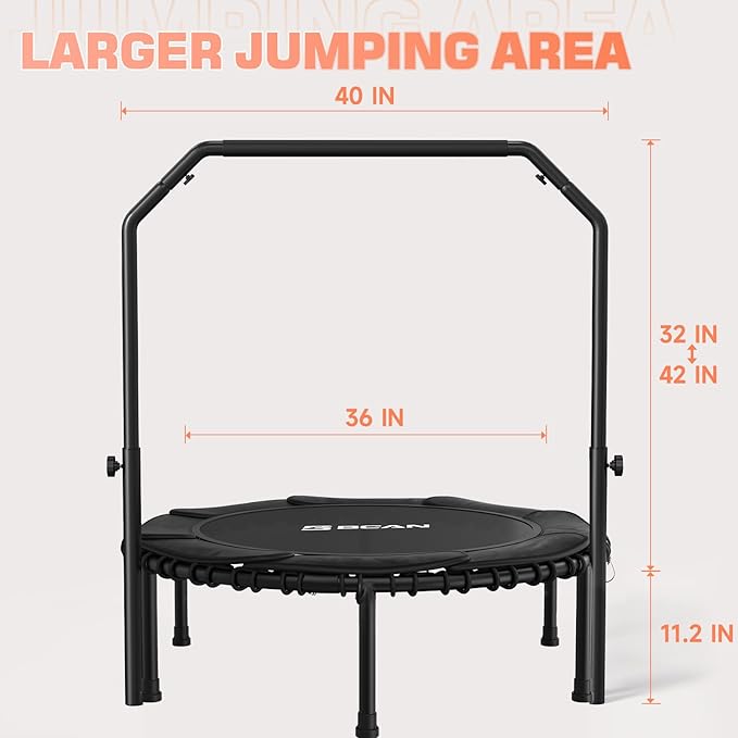 BCAN 450/550 LBS Foldable Mini Trampoline, 40"/48"/50" Fitness Trampoline with Bungees, U/T Shape Adjustable Foam Handle, Stable & Quiet Exercise Rebounder for Kids Adults Indoor/Garden Workout