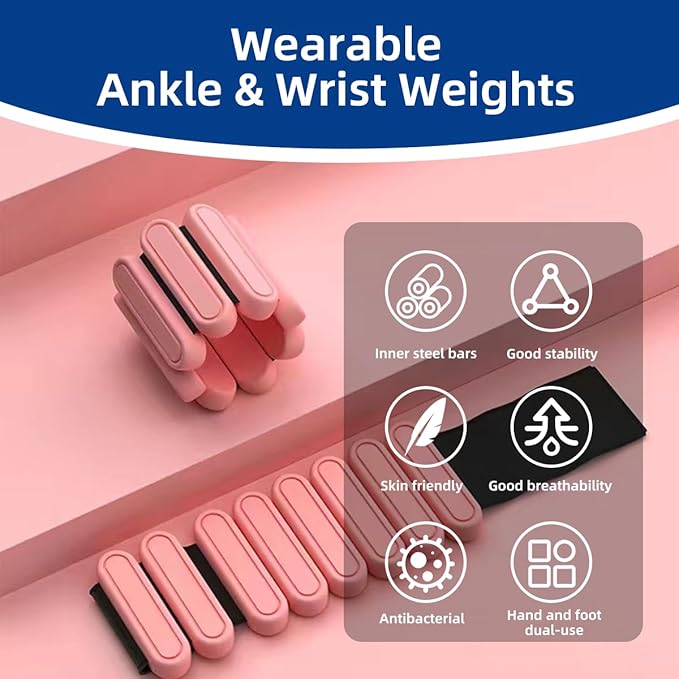 GLEAP Wearable Ankle & Wrist Weights for Women - 2LB Silicone Pilates Bracelet Weights Set of 2(1LB Each), Adjustable Arm & Leg Weights for Pilates, Yoga, Walking, Gym, Dance