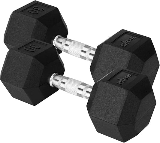 Yes4All Chrome Grip Encased Hex Dumbbells – Hand Weights With Anti-Slip 10-30 LBS Pair