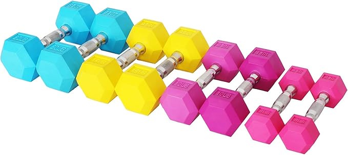 Signature Fitness Colored Rubber Encased Hex Dumbbell 5, 10, 10, 15, 15, 20LB 20LB Pairs