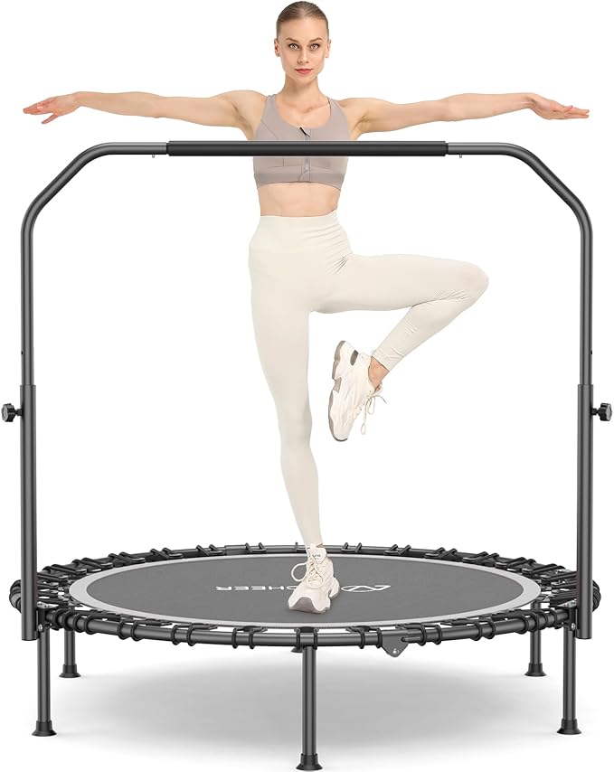 ANCHEER 40/48" Foldable Mini Trampoline,550LBS Max Load,Rebounder Trampoline for Adults with Adjustale Foam Bar&Resistance Ropes,Upgraded Bungee Cords,Fitness Trampoline Indoor/Outdoor