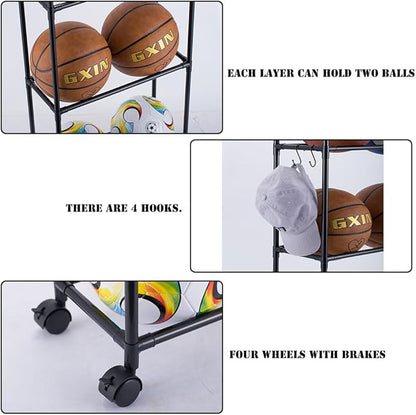 FDSDEFEN Basketball Rack, Garage Ball Storage Stand Ball Rack Rolling Balls Organizer with Wheels Sports Outdoor Volleyball Soccer Football Garage Organizer Basketball Accessories