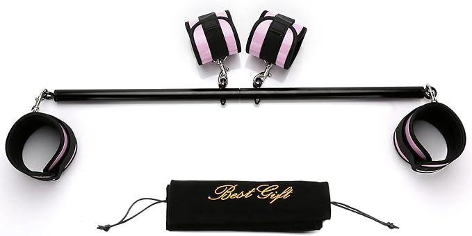 Black Portable Exercise Spreader Bar with 4pcs PU Pink Adjustable Straps, Restore Pilates Sports Aid Training Fitness Gear Pilates Aid Kit with Fur Flocking Storage Bag