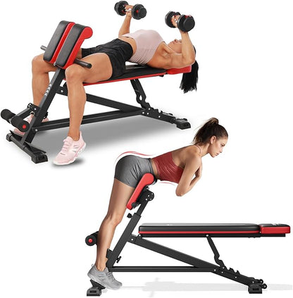 FLYBIRD 4 in 1 Workout Bench, Roman Chair, Weight Bench and Sit Up Bench for Hyper Back Extension and Full Body Workout with Handle, Abdomen core and Comprehensive Glute Training, Easy Moving wilth Wheels Home Gym Equipment