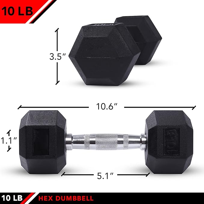 JFIT Rubber Hex Dumbbells - 8 Size Options - Hex Shaped Heads Prevent Rolling and Injury - Ergonomic Hand Weights for Exercise, Muscle, Strength and Weight Training