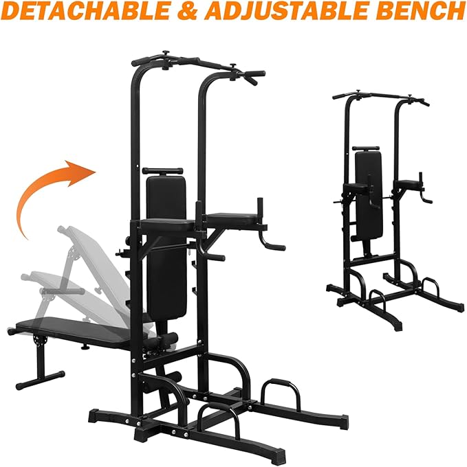 Power Tower With Bench Pull Up Bar Dip Station Adjustable Height Dip Stand Heavy Duty Multi-Function Fitness Rack For Gym Home Living Room