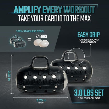 Egg Weights Cardio Max 3.0 lbs. Stainless Steel Hand Weights Dumbbell Set with Anti-Slip Silicone Finger Loop for Workout, Fitness, Training for Men and Women - 2 Eggs, 1.5 lbs each + Free E-Book Workout Guide