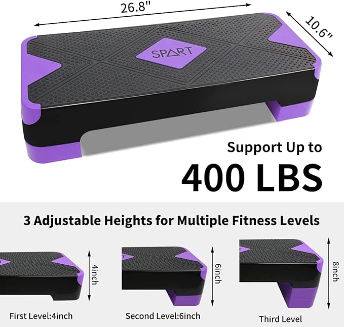 SPART Adjustable Workout Aerobic Stepper, Aerobic Exercise Step Platform with 4 Risers, 3 Levels Adjust 4" - 6" - 8", 26.77" Trainer Stepper with Non-Slip Surface for Home Gym Extra Risers