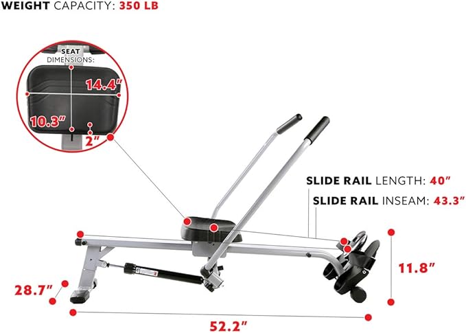 Sunny Health & Fitness Smart Compact Full Motion Rowing Machine, Full-Body Workout, Low-Impact, Extra-Long Rail, 350 LB Weight Capacity and Optional SunnyFit® App Enhanced Connectivity