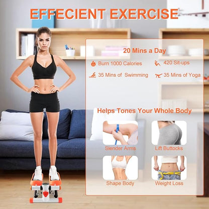 Mini Stepper with Resistance Band, Portable Stair Stepper with Calories Count, Exercise Stepping Machine for Exercise Fitness Office Home Workout Equipment, Orange