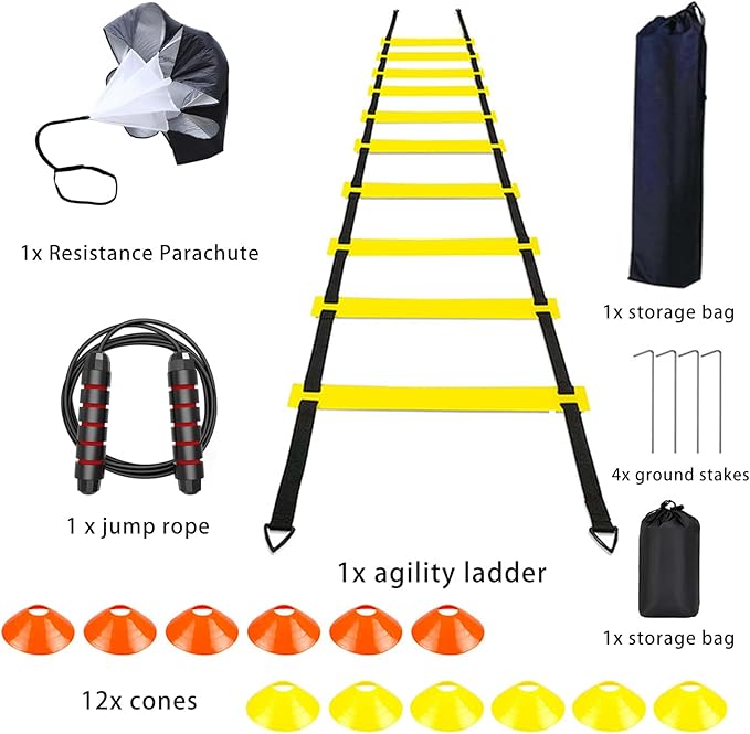 Soccer Agility Training Equipment Set, Soccer Accessories 20Ft Agility Ladder, 12 Cones, Solo Soccer Trainer, Jump Rope Speed Training Equipment Gifts for Boy